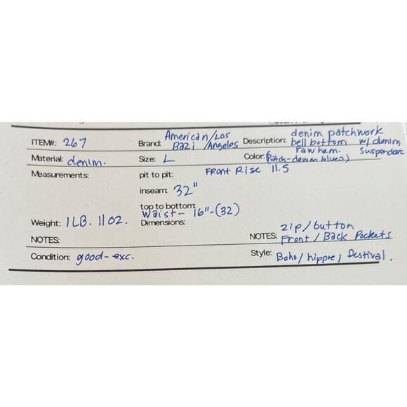 American Bazi Multi Blue Patchwork Denim Bell Bottoms Suspenders Boho Hippie L - Picture 7 of 8